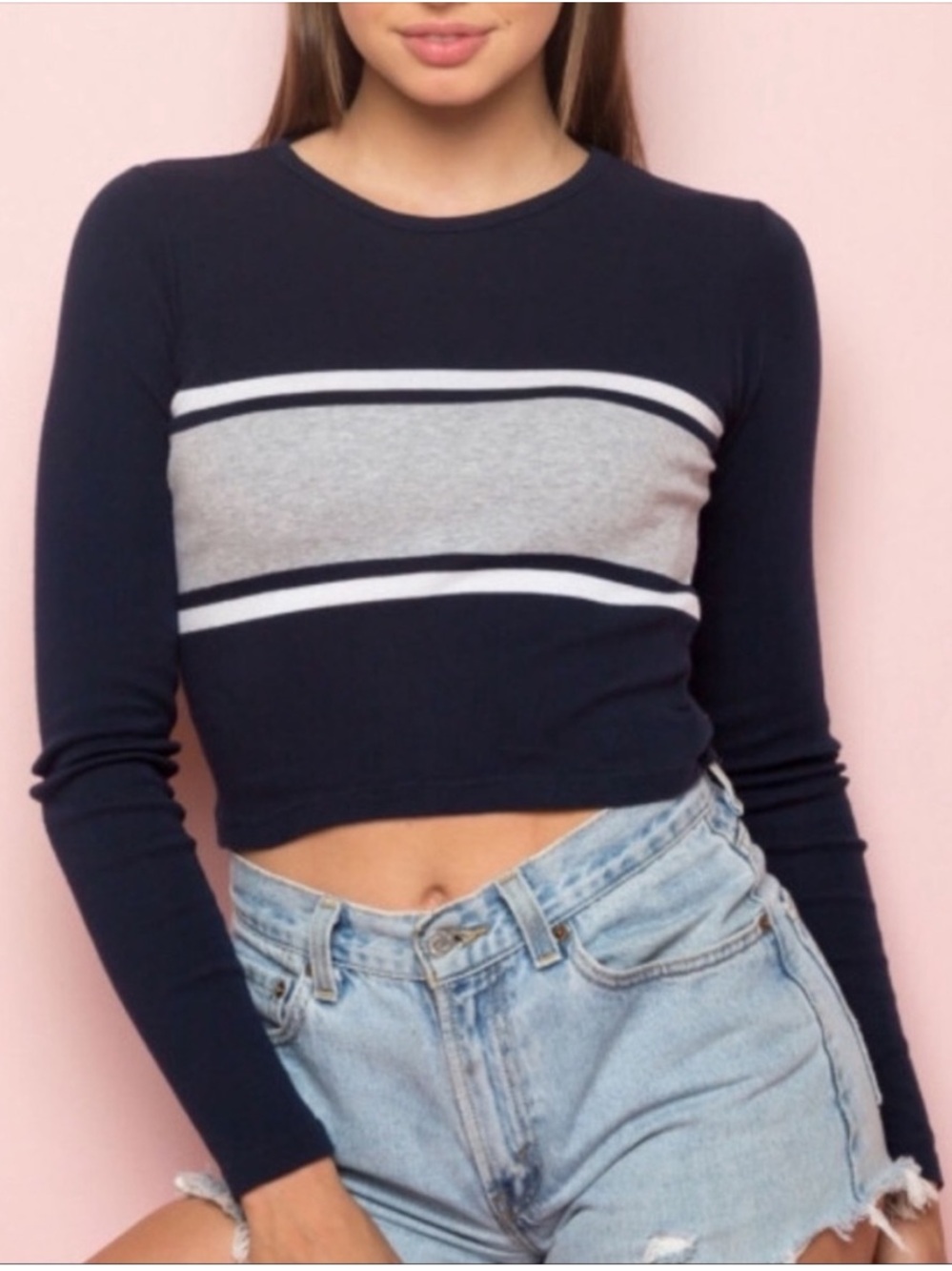 Brandy Melville Black and Gray Striped Long Sleeve Tee